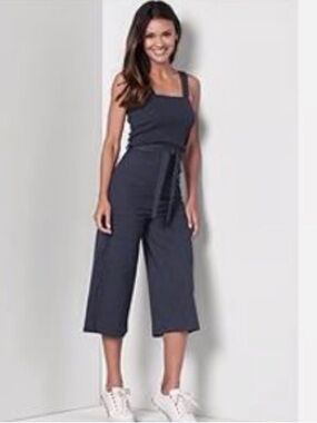 VENUS Navy Square-Neck Cropped Jumpsuit with Waist Tie